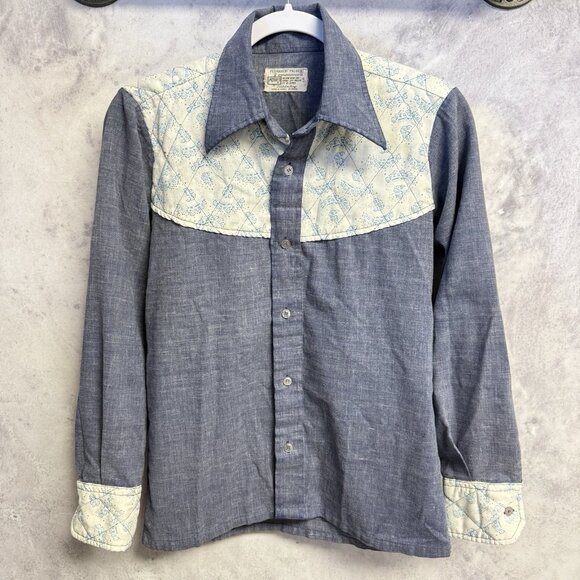 Vintage 70s Kmart Permanent Press Button Up Shirt Womens 18x23 Blue - Picture 1 of 13